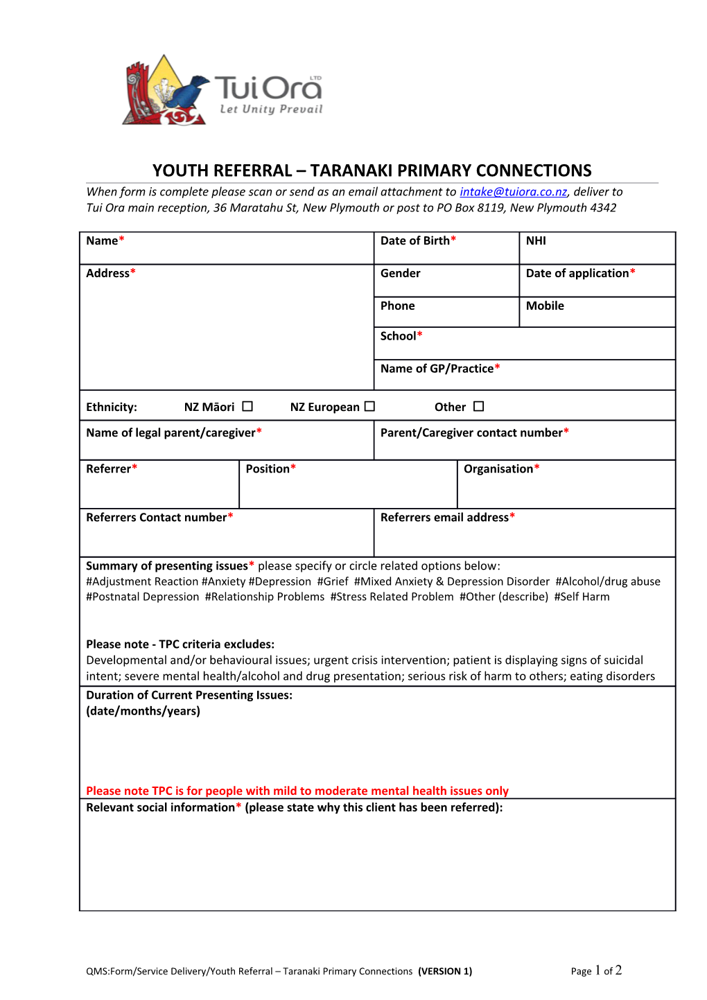 Youth Referral - Taranaki Primary Connections