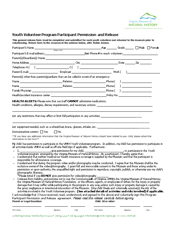 Youth Volunteer Program Participant Permission and Release