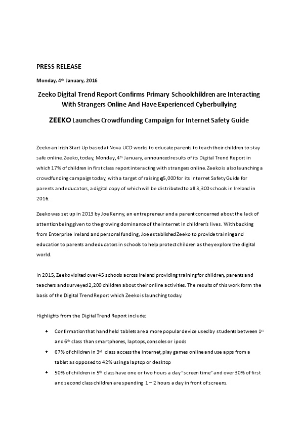 ZEEKO Launches Crowdfunding Campaign for Internet Safety Guide
