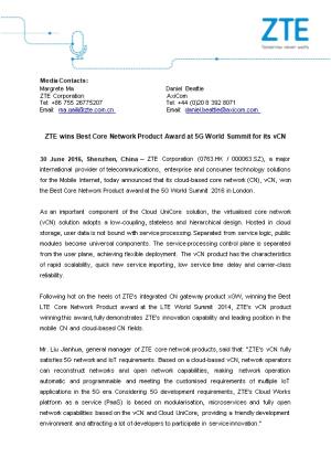 ZTE Winsbest Core Network Product Award at 5G World Summit for Its Vcn