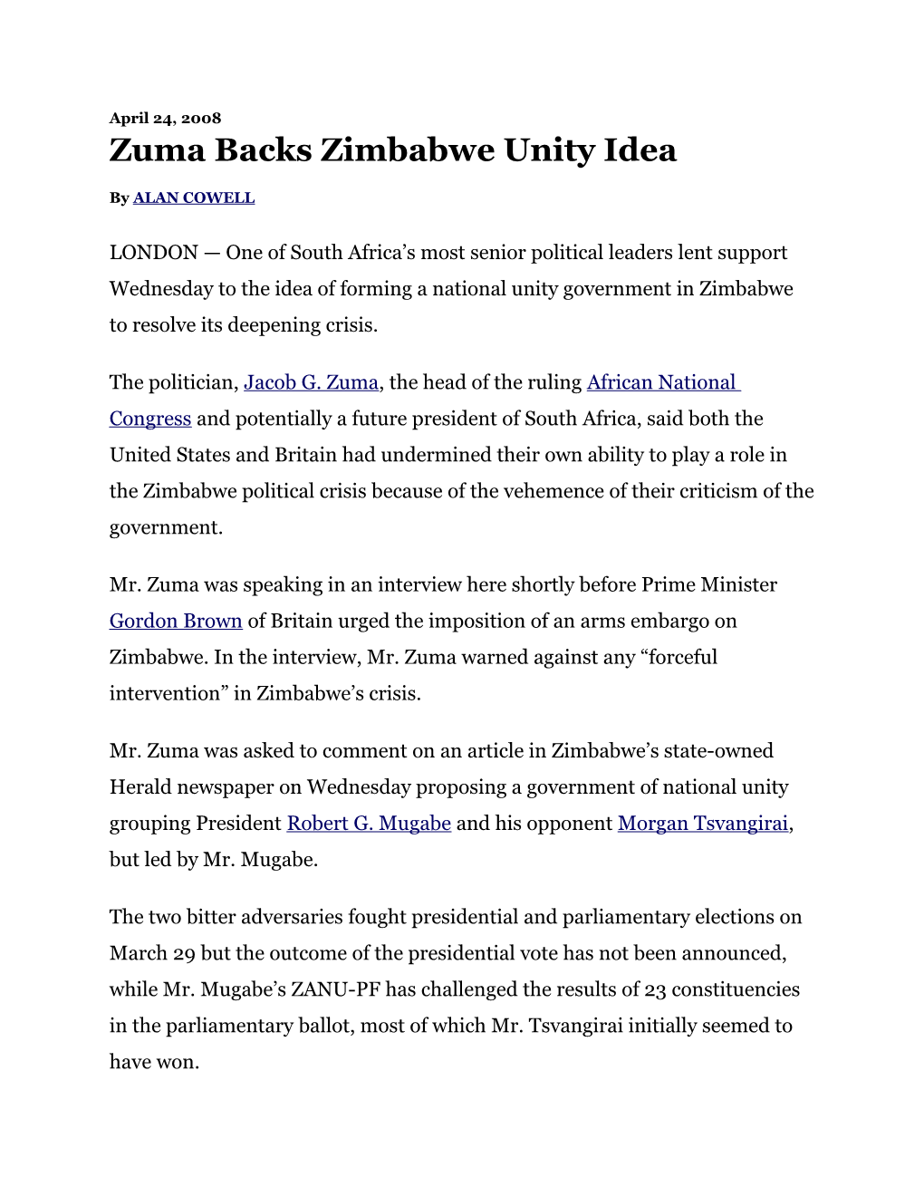 Zuma Backs Zimbabwe Unity Idea